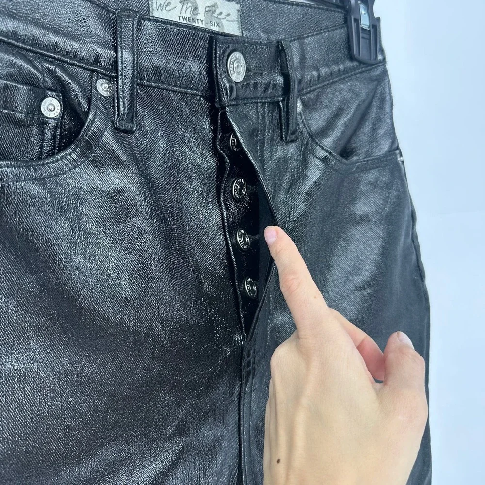Free People Phoenix coated pants 26 black shiny high rise button fly mob wife - Picture 5 of 12